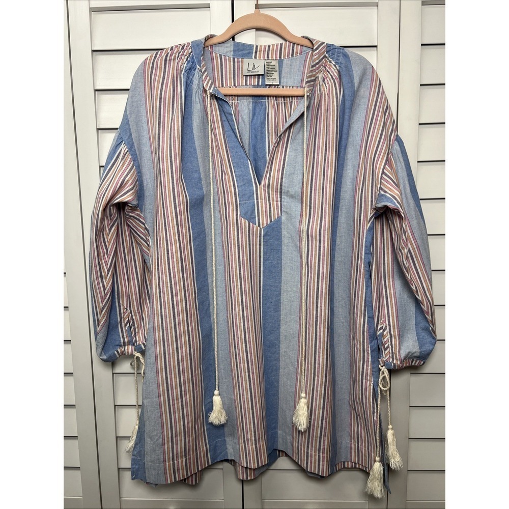 LIV Los Angeles Striped Boho Beach Tassel Cotton Tunic Cover Up Size Large
